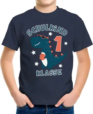 Produktbild von Kinder T-Shirt Jungen Dinosaurier T-Rex Schulkind 1. Klasse Geschenk zur Einschulung Schulanfang Moonworks® navy 110-116 (5-6 Jahre)