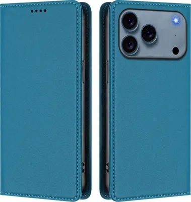 Image de Étui en cuir pour iPhone 18 Pro, coque à rabat magnétique en cuir synthétique (PU) avec support, couleur bleu lac