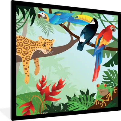 Produktbild von MuchoWow® Gerahmtes Poster Dschungeltiere - Tukan - Jungen - Mädchen - Leopard 40x40 cm - Poster mit Schwarzem Bilderrahmen Wandposter Rahmen Foto Bilder - Mit Rahmen - Wanddekoration Schlafzimmer