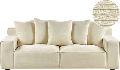 Produktbild von BELIANI 3-Sitzer Sofa Hellbeige Cord mit 5 Dekokissen Breite Armlehnen Sitzfläche Modern Gepolstert Wohnzimmer Gästezimmer Polstersofa