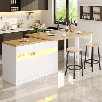 Immagine prodotto di Tavolino bar allungabile con illuminazione LED controllabile tramite app, girevole a 360°, isola da cucina con ante in vetro, mobile contenitore da pranzo, ideale per il soggiorno, colore bianco