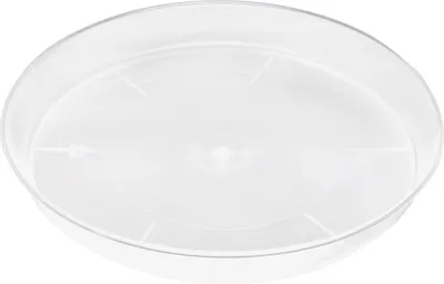 A clear, top-down view of a transparent plastic plant pot saucer.