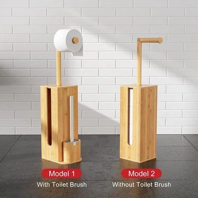 Imagen del producto de Soporte de papel higiénico de pie con escobilla para inodoro - Juego de baño de bambú - Almacenamiento para papel higiénico - Dimensiones: 71,6 x 15,5 x 21,5 cm