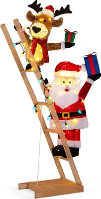 Zdjęcie produktu dla COSTWAY podświetlany renifer i Ojciec Gwiazdka na drabinie, figura świąteczna o wysokości 166 cm ze 100 światełkami LED, dekoracja świąteczna XXL, dekoracja świąteczna