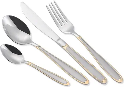 A set of four pieces of cutlery, including two spoons, a knife, and a fork, arranged diagonally on a white background.