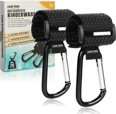 Produktbild von COM-FOUR® 2x Kinderwagen Haken mit rutschfesten Gumminoppen für Wickeltasche - Kinderwagen Taschenhalter - Karabinerhaken Kinderwagen - Kinderwagenhaken - Taschenkarabiner