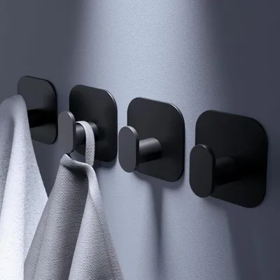 Image de Porte-serviettes sans perçage, lot de 4, porte-serviettes de salle de bain en acier inoxydable, crochets adhésifs ultra-résistants, crochets adhésifs pour la salle de bain et la cuisine, noir