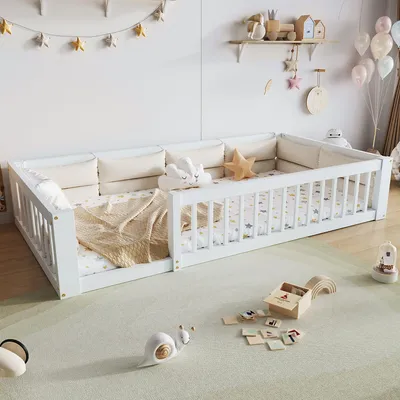 Productafbeelding van okwish Kinderbed, houten, 90x200 cm, platformontwerp met beschermende spijlen, beklede kussens voor comfort, geschikt voor kinderkamers en logeerkamers, wit (zonder matras)