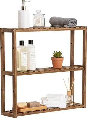 Produktbild von Relaxdays Wandregal, Akazienholz, 3 Ablagen, HBT: 54 x 60 x 15 cm, Badregal, Küche & Flur, schmales Hängeregal, natur