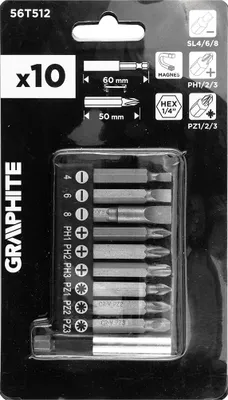 Zdjęcie produktu dla Zestaw bitów SL4/6/8, PH1/2/3, PZ1/2/3 długości 50 mm z uchwytem magnetycznym 60 mm, 10 sztuk