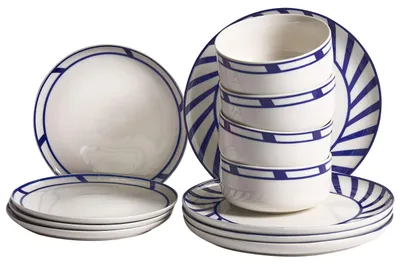 Obrázek produktu pro BELIANI Sada porcelánového nádob 12 kusů bílá a modrá glazovaná povrchová úprava zdobený okraj pro 4 osoby ručně vyráběná jídelna kuchyně