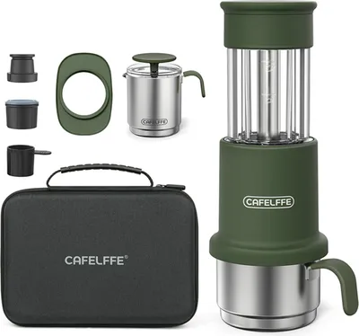 Produktbild von Tragbares Reisekaffeemaschinen-Set 2 in 1, kompatibel mit NES-Kapseln und gemahlenem Kaffee, manuelle Handkaffeepresse mit 120 ml Edelstahlbecher, 80 ml Wassertankbecher, 60 ml Milchaufschaeumkaennchen, Aufbewahrungskoffer