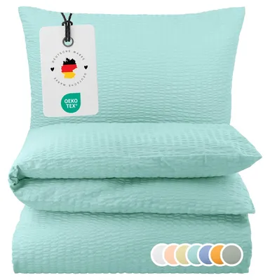Produktbild von Seersucker Bettwäsche 135x200 Einfarbig Mint Uni grüne Bettwäsche Sommer Bettbezug 135 x 200 - Bügelfrei