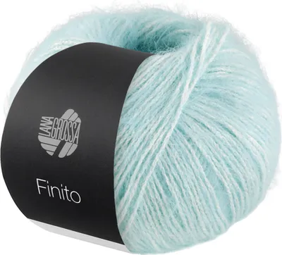 A ball of light blue yarn with a black label.