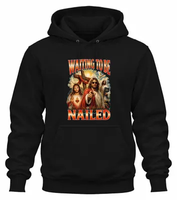 Immagine prodotto di Felpa con cappuccio "Waiting To Be Nailed" di Jesus Lustig, sarcasmo, colore nero, taglia 3XL