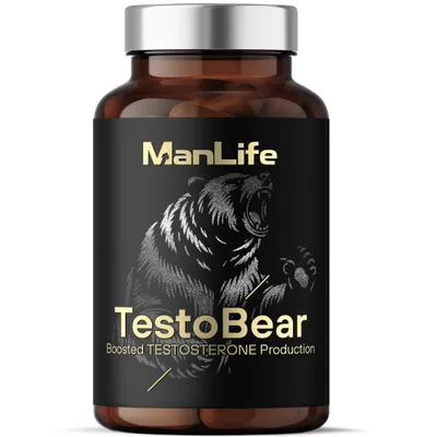 Produktbild von TESTOSTERON Testo Booster für Muskelaufbau Hoher Testosteron wirkt Anabol | ManLife TestoBear 90 vegane Kapseln | Glasflasche mit Metallverschluss
