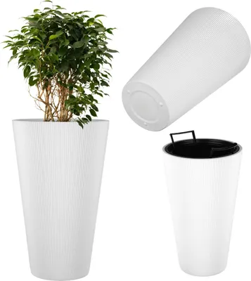 Productafbeelding van KADAX Plantenpot Ø 29,5 x H 49 cm, moderne bloempot met binnenpot en geribbeld design, grote plantenpot van kunststof (wit)