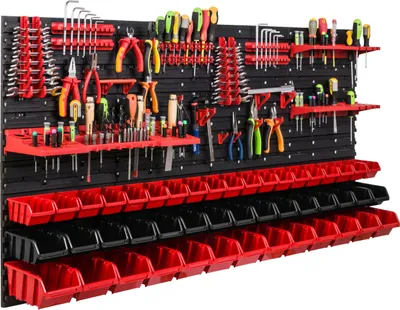 Obrázek produktu pro Skladovací systém Dílenské regály | 156 x 78 cm | 47 ks. Box | Nástěnný regál s držáky na nářadí a stohovatelnými boxy - Nástěnné desky Extra silné regály s výsypkami Nástěnné regály pro nářadí Skladové regály Garážové regály