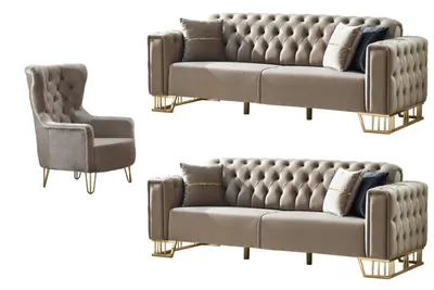 Produktbild von Villa Möbel Sofa Set Royce Beige Taupe Stellvariante:3+3+1 Relax- und Bettfunktion, pflegeleichter Mikrofaser Samtstoff