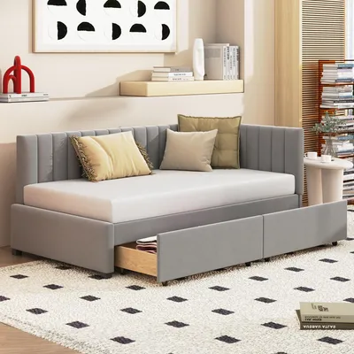 Productafbeelding van Slaapbank 90x200 cm, met LED-verlichting, met lades, met opbergruimte, met gestoffeerd hoofdeinde, beige