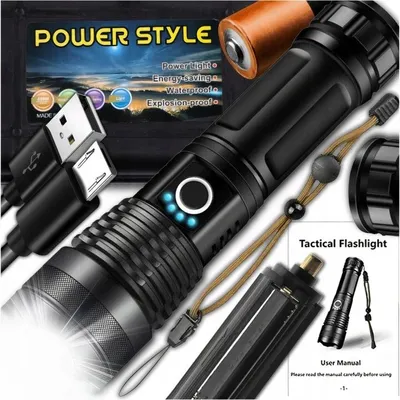 Produktbild von Taktische LED-Taschenlampe Akku – Leistungsstarke Militär-Taschenlampe mit Zoom – Wasserdichtes (IPX4) USB-Suchscheinwerfer-Set mit 5 Leuchtmodi & 200