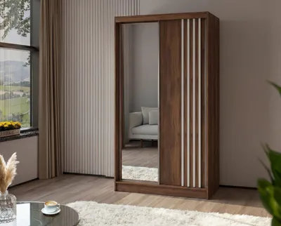 Produktbild von Masseno Schiebetürenschrank NELVIA 120/216/61 cm Modern Kleiderschrank 2-türig mit Spiegel Nussbaumfarben