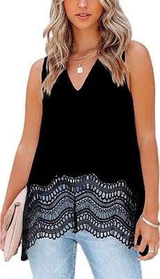 Produktbild von ASKSA Damen Ärmellose Bluse Tank Top V-Ausschnitt Chiffon Spitzensaum Loose Shirts Oberteil, Schwarz, S