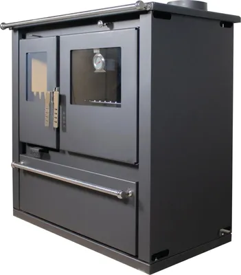 A dark gray wood-burning stove with a glass oven door and a storage drawer.
