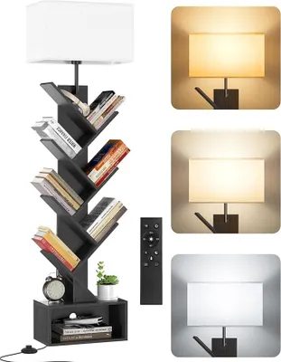 Produktbild von Bücherregal Baum mit Licht, 6 Ebenen Standregal, Schmales Eckregal mit Fernbedienung & Timer, CDs & DVDs für Wohnzimmer, Schlafzimmer, Kinderzimmer