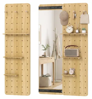 Produktbild von COSTWAY Wandmontierter Ganzkörperspiegel mit Lochwand, Wandspiegel mit 3 Ablage & 3 Haken, platzsparende Aufbewahrungswand aus Holz, 80 x 14 x 140 cm