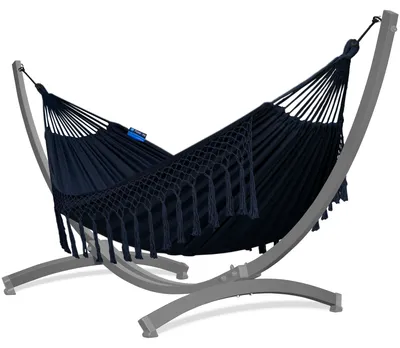 Produktbild von Potenza Outdoor Hängematte mit Tytan Gestell für 2 Personen I Baumwolle Doppelhängematte XXL 220x160, 200kg I Grau Hängemattengestell 350 kg, wetterfest