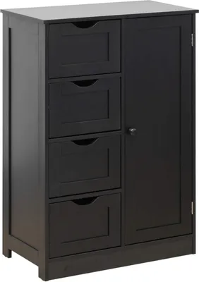 A black wooden cabinet with four drawers on the left and a door on the right.