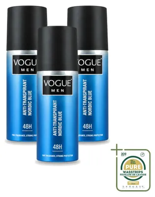 Produktbild von 3 x Vogue Men Nordic Blue Anti-Transpirant Deodorant Spray 150 ml - Vorratspackung - 3 Stücke