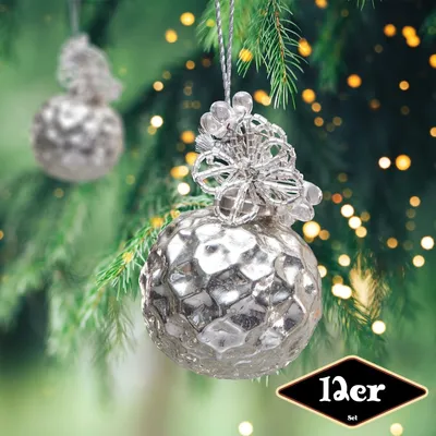 Produktbild von Christbaumkugelset, Rund, 12er Set | Glas, silber, Struktur | H9,0xB6,0cm