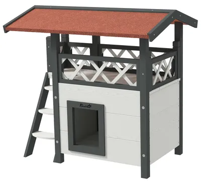 Produktbild von PawHut Katzenhaus mit Asphaltdach, 2-stöckig, Katzenhütte mit Balkon, Treppe