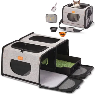 Imagen del producto de Caja de transporte para gatos con arenero integrado, 2 en 1, plegable, ideal para viajes largos en coche