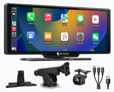 Productafbeelding van Siltcon® CarPlay Scherm 10.26 Inch – Geschikt voor Apple CarPlay Scherm – Geschikt voor Android Auto Scherm – Navigatiesysteem Auto – Auto Scherm – Carplay Draadloos – Universeel – Met Touchscreen & HD Achteruitrijcamera - Incl. Oplaadkabels Telefoon