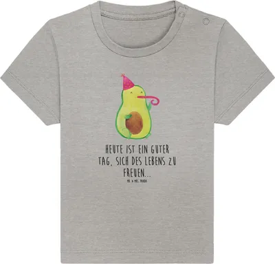 Produktbild von Mr. & Mrs. Panda Babyshirt Avocado Feier 0. - 6. Monat - Heather Grey - Geschenk,  T-Shirt, Baby Baumwollshirt, Fete, Geburtstag, Kurzarmshirt, Organic Shirt, Tröte
