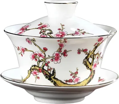 Produktbild von Weiße chinesische Porzellan-Gaiwan-Teetasse mit 300 ml, Keramik-Kung-Fu-Sancai-Teeschale mit Deckel und Untertasse, Pflaumenblütenmotiv