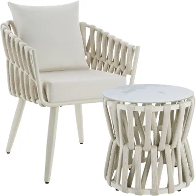 Produktbild von tectake® Set Lugano Stuhl und Tisch, Rope-Design, wetterfest, 10cm Sitzpolster, 15cm Rückenkissen, Aluminium Lounge, inkl. Montagematerial, in beige