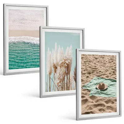 Produktbild von Bilder Set 3-teilig im silbergerahmten Rahmen – Wandbilder 3 Stück – gerahmte Poster für Wohnzimmer, Schlafzimmer und Flur – 40x60 cm – Strandwellen Grashut