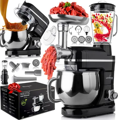 A collage of a black and silver multi-functional kitchen appliance with various attachments, including a meat grinder, blender, and mixing bowl, along with its packaging.
