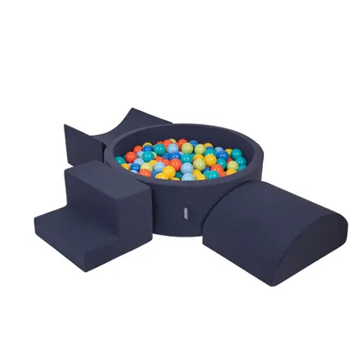 Obrázok produktu pre KiddyMoon Mäkké penové ihrisko pre deti s guľatým loptičkovým ihriskom (300 ∅ 7 cm) s mäkkými prekážkami a loptičkovým bazénom,  vyrobené v EÚ, Tmavomodrá:HellZelená/Orange/Türkis/Modrá/B