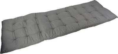 A long, gray, tufted bench cushion is shown against a white background.