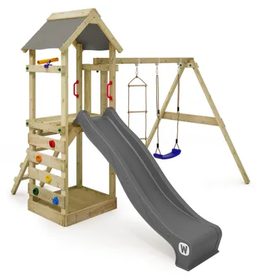 Image de Structure de jeu Wickey FreeFlyer, en bois, de couleur anthracite, avec une double balançoire et un toboggan