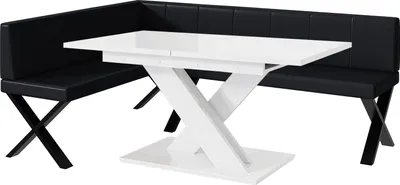 Produktbild von MEBLINI Eckbank für Esszimmer mit ausziehbarem Tisch  - Küchenbank - Essecke - Sitzecke Küche - PETER - X-Beine 142x196x87cm Links - Schwarz Kunstleder/B Weiß Hochgl.