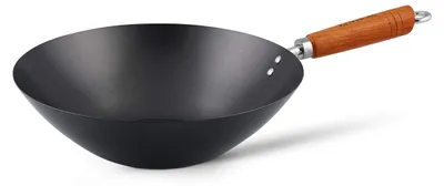Kohlenstoffstahl-Wok 31 cm, Antihaft, flacher Boden, Holzgriff