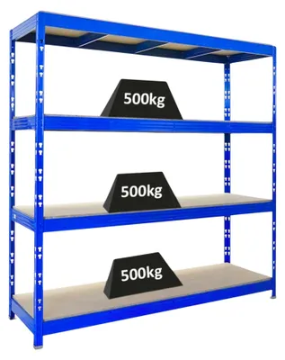 Produktbild von Profi Schwerlastregal Rhino | HxBxT 200x200x60cm | 4 Spanplatten-Ebenen 16mm | Fachlast 500kg | Blau