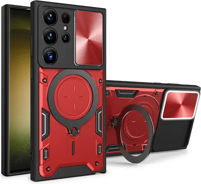 Produktbild von Handyhülle für Samsung Galaxy S23 Ultra Dual-Layer Stoßfest Rüstung Hülle mit Dia Kameraschutz und Kreisförmig Ring Ständer Rot