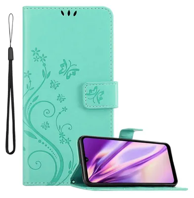 A turquoise phone case with a floral and butterfly design is shown open, displaying a smartphone inside.
